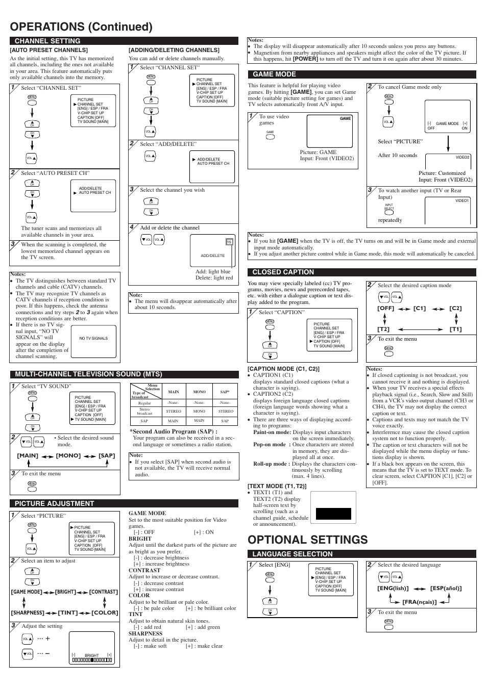 Operations (continued) optional settings, Picture adjustment, Channel setting | Game mode, Language selection, Closed caption, Multi-channel television sound (mts) | Emerson EWF2705 User Manual | Page 3 / 8