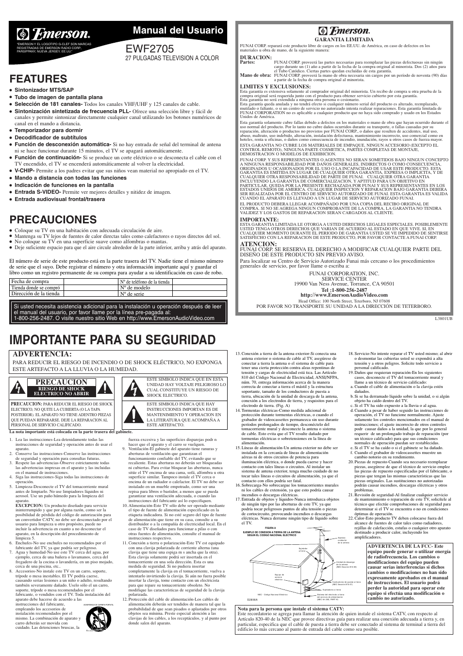 Importante para su seguridad, Features, Ewf2705 | Precauciones, Manual del usuario, Advertencia, Precaucion, 27 pulgadas television a color, Atencion | Emerson EWF2705 User Manual | Page 5 / 8
