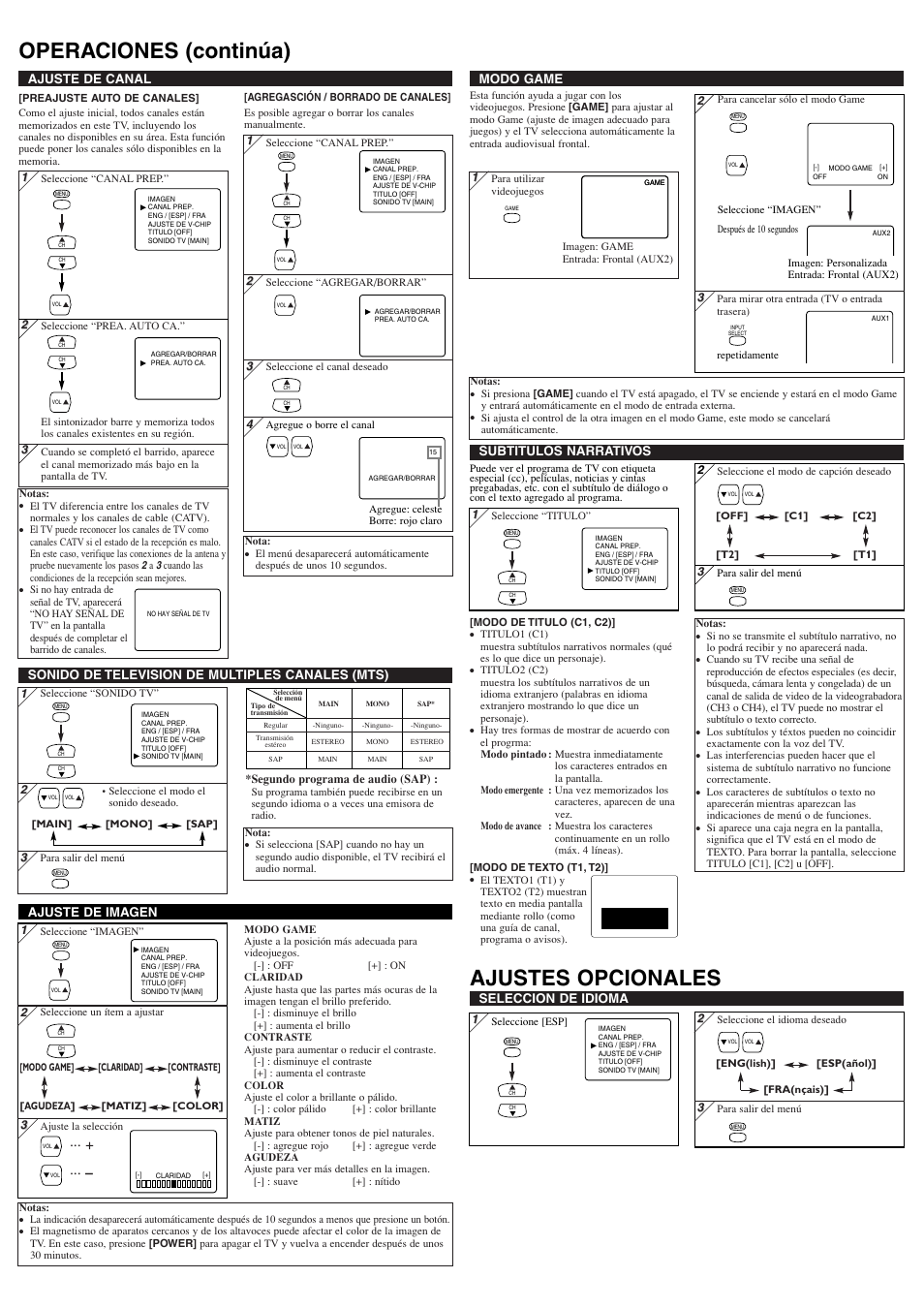 Operaciones (continúa) ajustes opcionales, Seleccion de idioma, Ajuste de imagen | Ajuste de canal, Modo game, Sonido de television de multiples canales (mts), Subtitulos narrativos | Emerson EWF2705 User Manual | Page 7 / 8