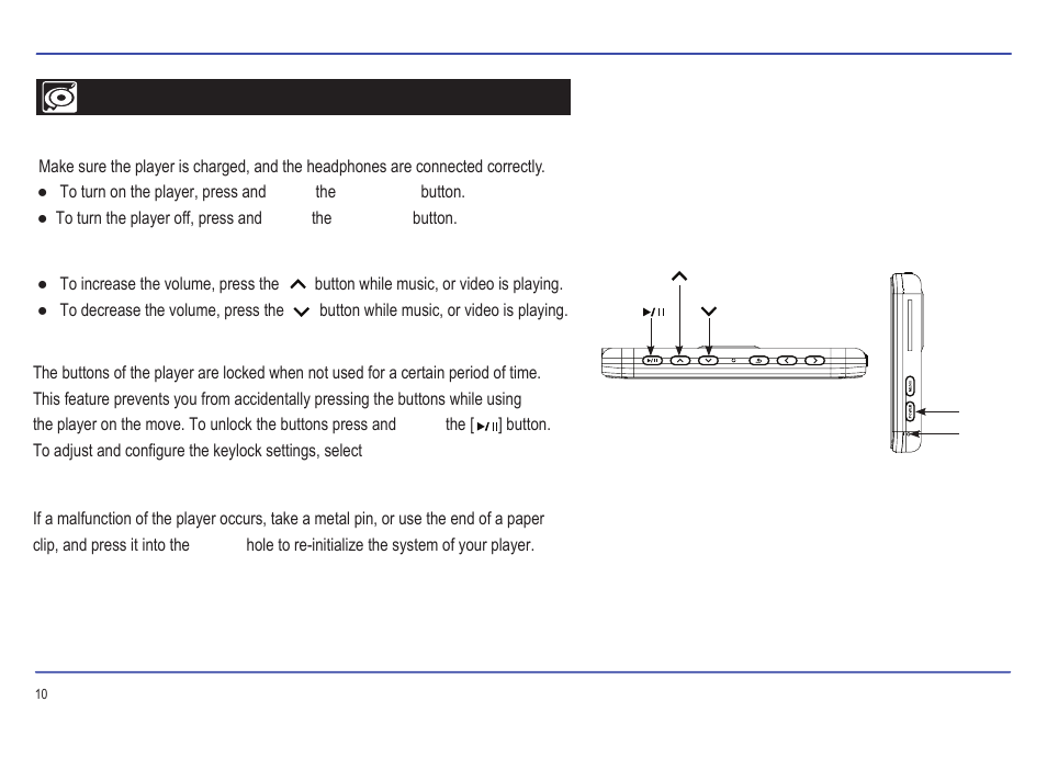 Basic operation, Turning on/off, Adjusting the volume | Lock / unlock buttons, Reset the player | Emerson EMP313-4 User Manual | Page 13 / 31