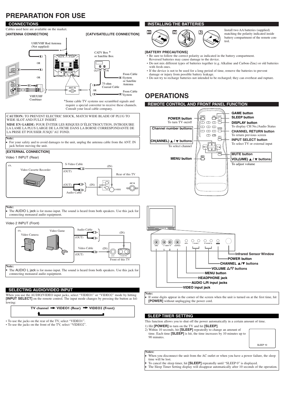 Preparation for use, Operations, Installing the batteries | 21 3 connections, Selecting audio/video input, Sleep timer setting, Remote control and front panel function | Emerson EWF2004A User Manual | Page 2 / 8