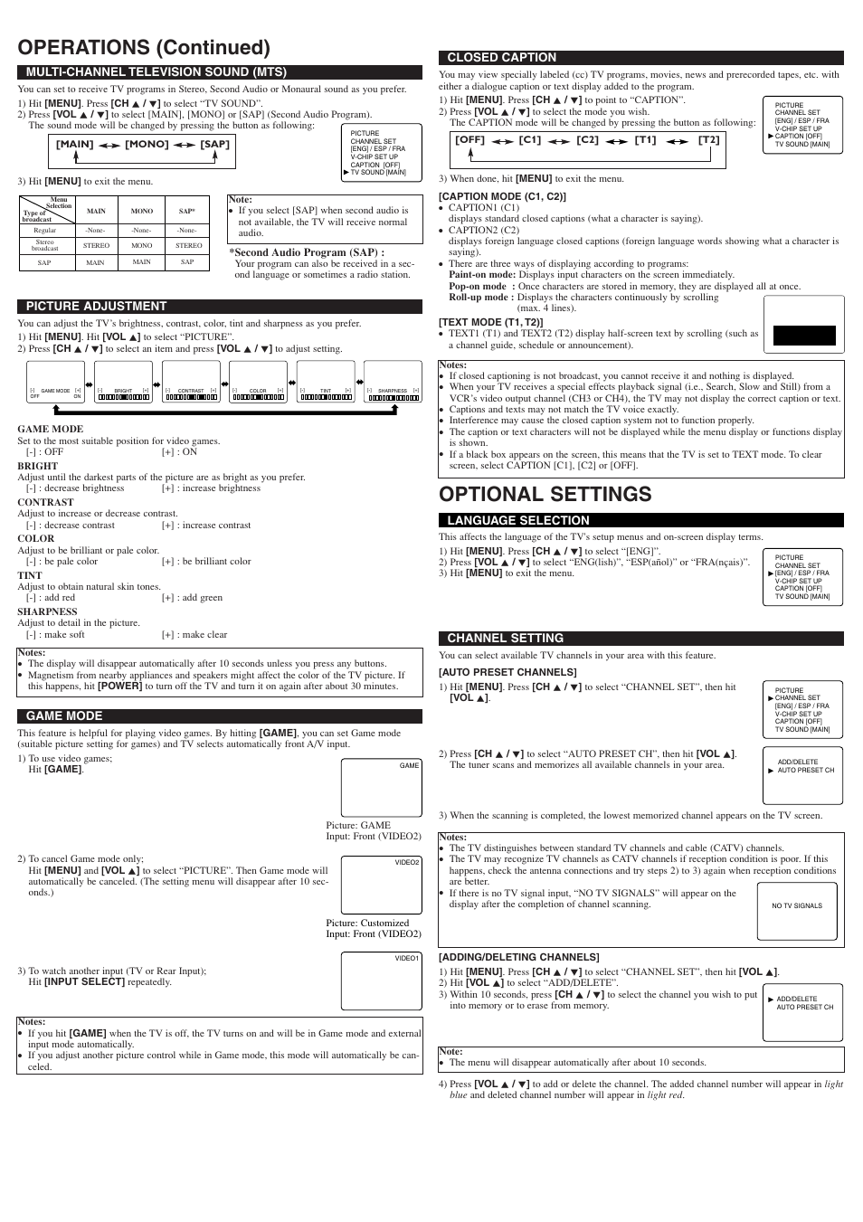 Operations (continued) optional settings, Picture adjustment, Channel setting | Game mode language selection, Closed caption, Multi-channel television sound (mts) | Emerson EWF2004A User Manual | Page 3 / 8