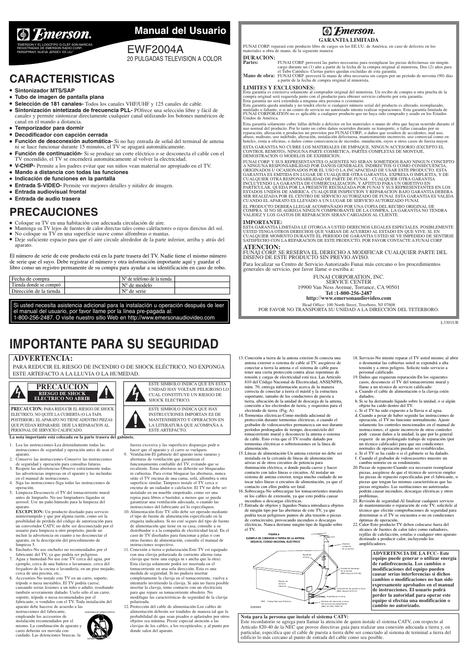 Importante para su seguridad, Caracteristicas, Ewf2004a | Precauciones, Manual del usuario, Advertencia, Precaucion, 20 pulgadas television a color, Atencion | Emerson EWF2004A User Manual | Page 5 / 8