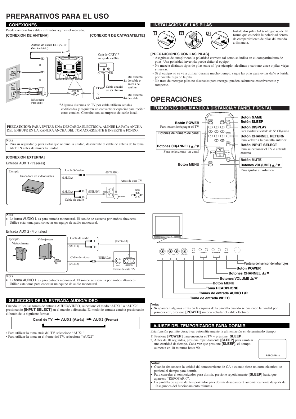 Preparativos para el uso, Operaciones, Instalacion de las pilas | 21 3 conexiones, Seleccion de la entrada audio/video, Ajuste del temporizador para dormir, Funciones del mando a distancia y panel frontal | Emerson EWF2004A User Manual | Page 6 / 8