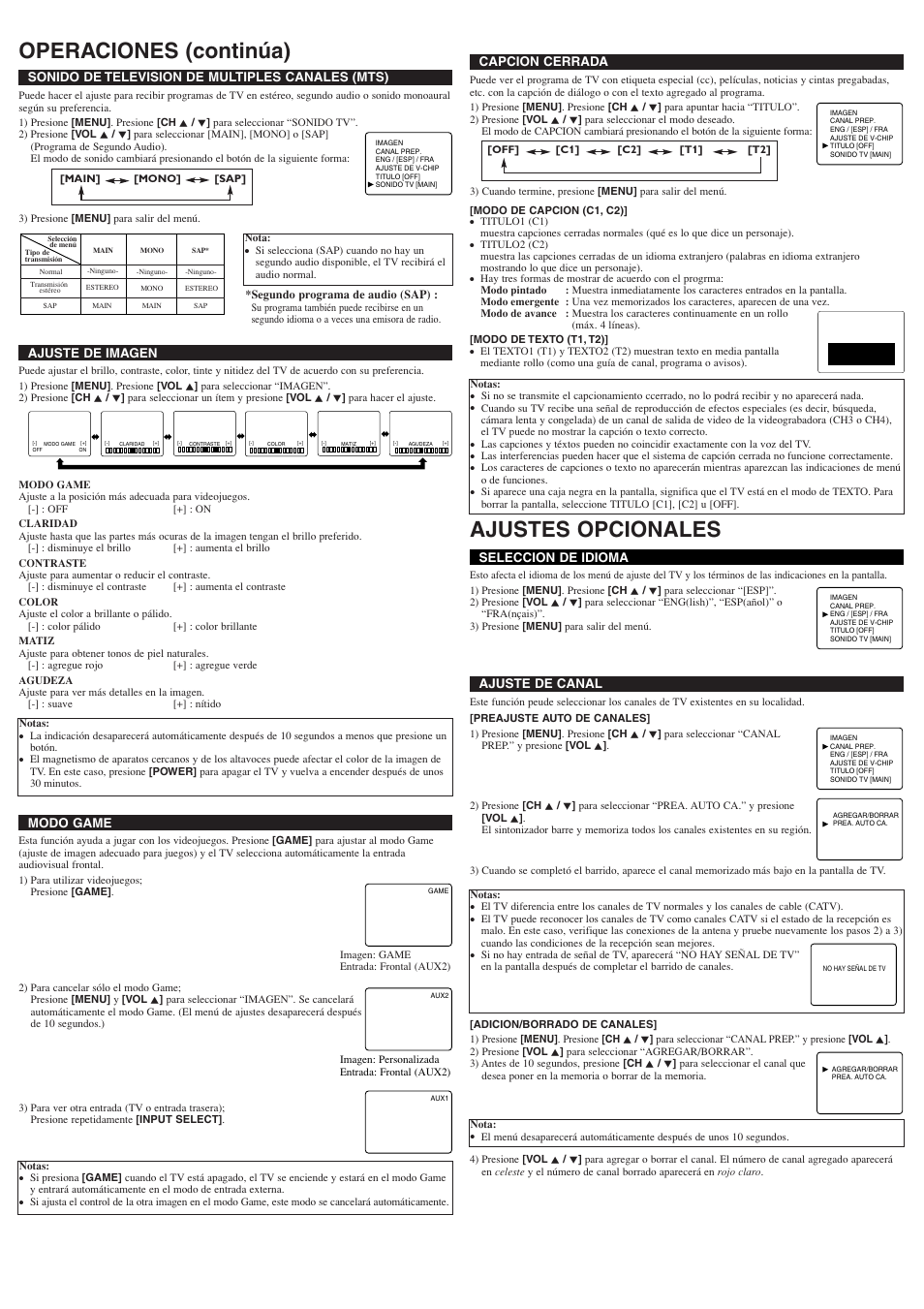 Operaciones (continúa) ajustes opcionales, Ajuste de imagen, Ajuste de canal | Modo game seleccion de idioma, Capcion cerrada, Sonido de television de multiples canales (mts) | Emerson EWF2004A User Manual | Page 7 / 8