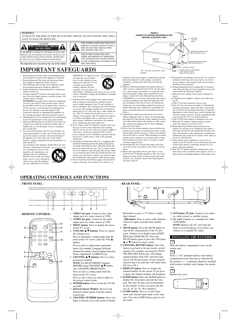 Important safeguards, Operating controls and functions, Front panel - - rear panel | Remote control, Installing the batteries | Emerson EWT19B3 User Manual | Page 2 / 8