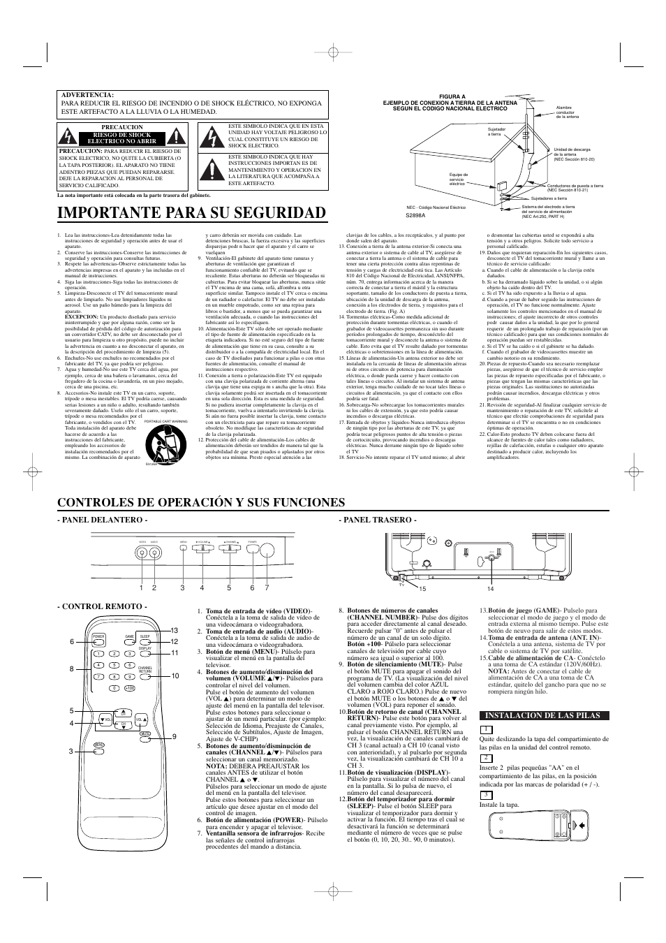 Importante para su seguridad, Controles de operación y sus funciones, Instalacion de las pilas | Panel delantero - - panel trasero, Control remoto | Emerson EWT19B3 User Manual | Page 6 / 8