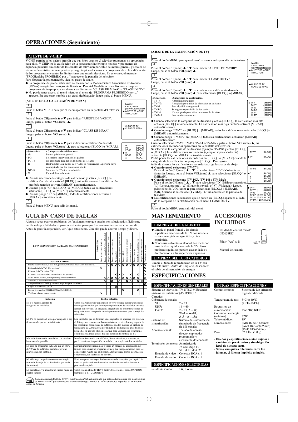 Accesorios incluidos guia en caso de fallas, Especificaciones, Mantenimiento operaciones (seguimiento) | Emerson EWT19B3 User Manual | Page 8 / 8