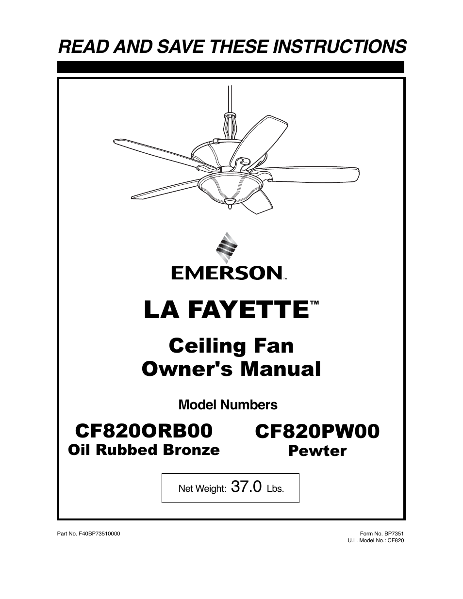 Emerson LA FAYETTE CF820ORB00 User Manual | 16 pages