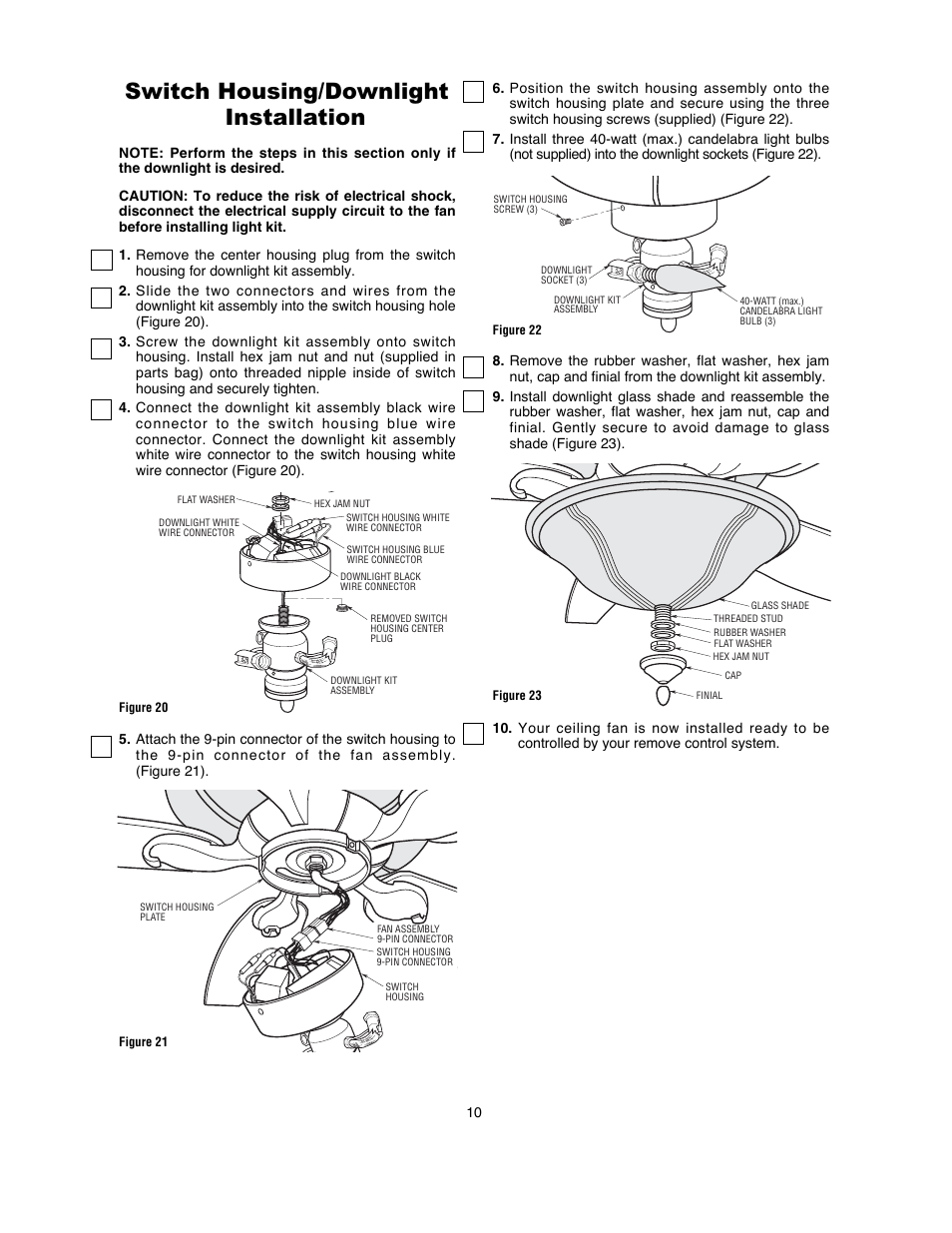 Switch housing/downlight installation | Emerson LA FAYETTE CF820ORB00 User Manual | Page 10 / 16