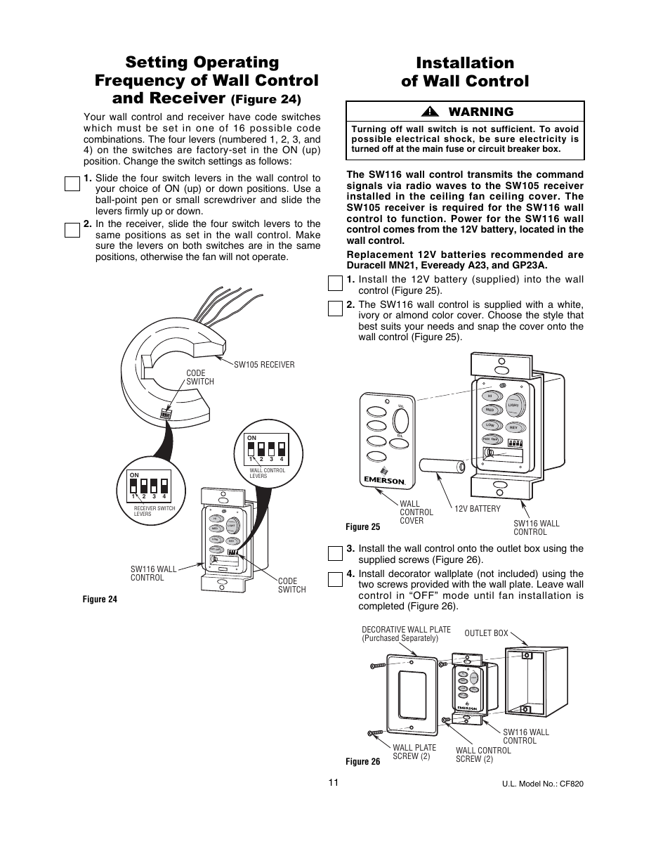 Installation of wall control, Figure 24), Warning | Emerson LA FAYETTE CF820ORB00 User Manual | Page 11 / 16