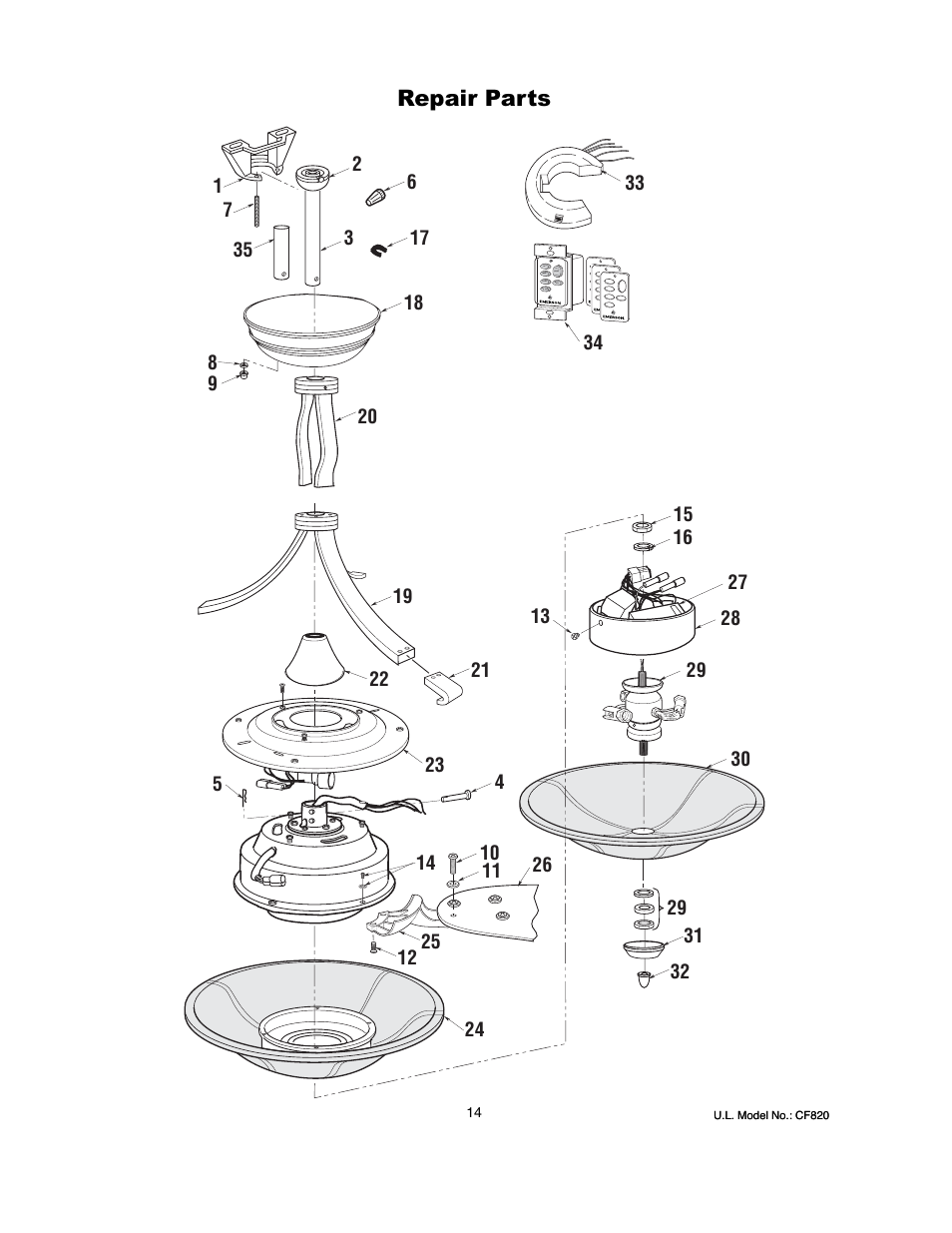 Repair parts | Emerson LA FAYETTE CF820ORB00 User Manual | Page 14 / 16