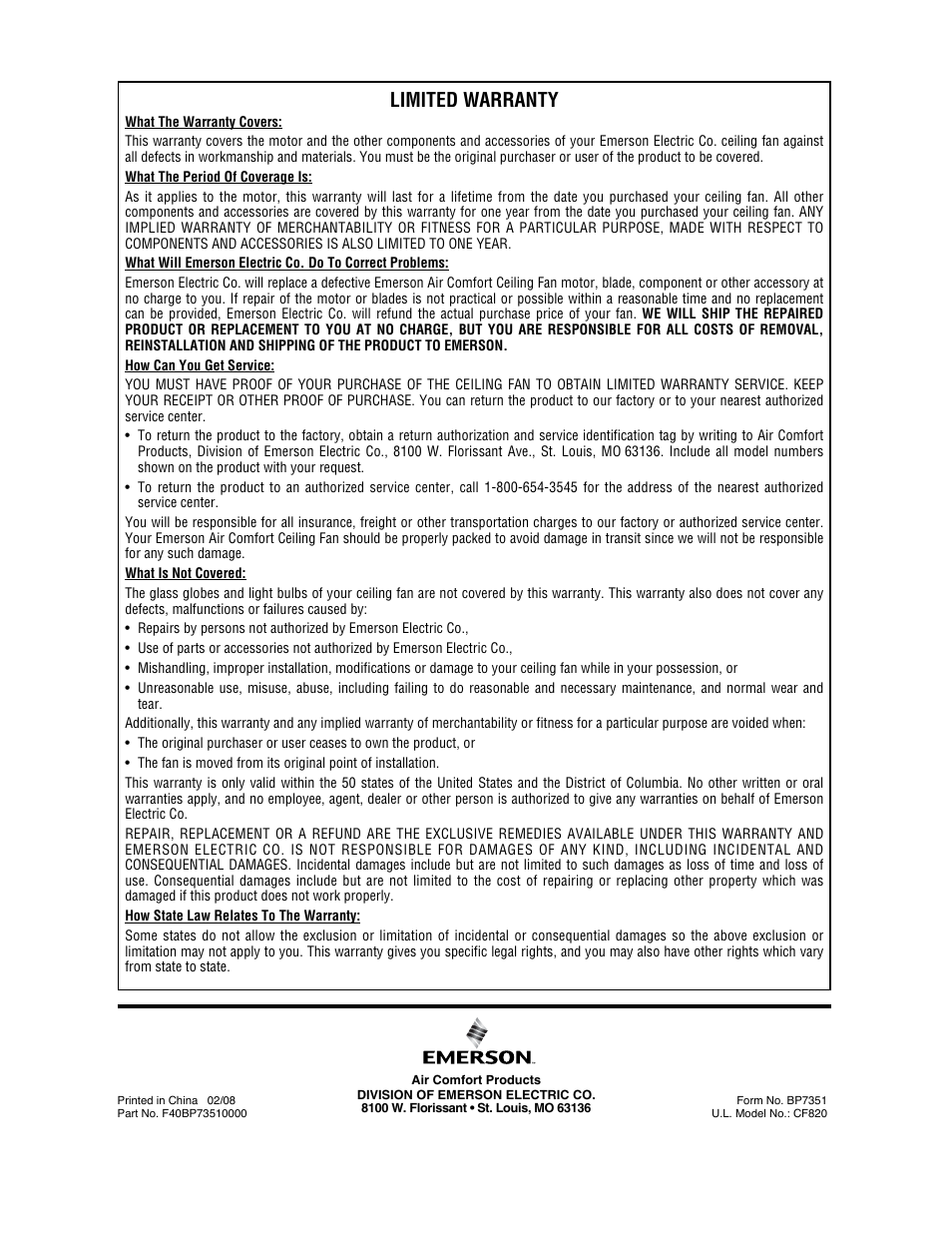 Limited warranty | Emerson LA FAYETTE CF820ORB00 User Manual | Page 16 / 16