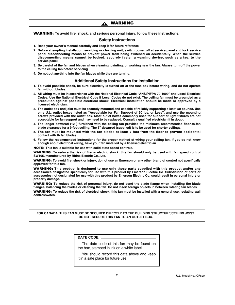 Warning, Safety instructions, Additional safety instructions for installation | Emerson LA FAYETTE CF820ORB00 User Manual | Page 2 / 16