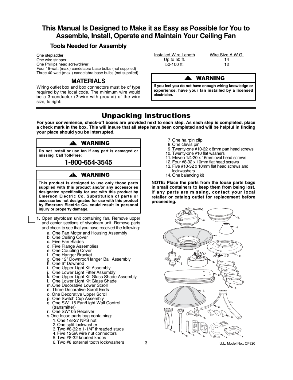 Unpacking instructions, Materials, Tools needed for assembly | Warning | Emerson LA FAYETTE CF820ORB00 User Manual | Page 3 / 16
