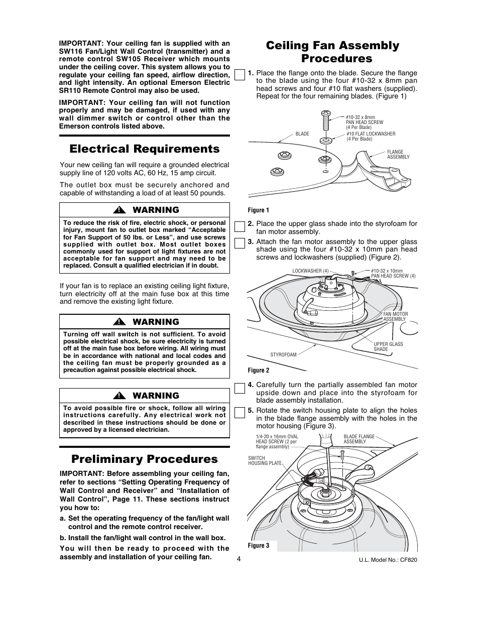 Preliminary procedures, Warning | Emerson LA FAYETTE CF820ORB00 User Manual | Page 4 / 16