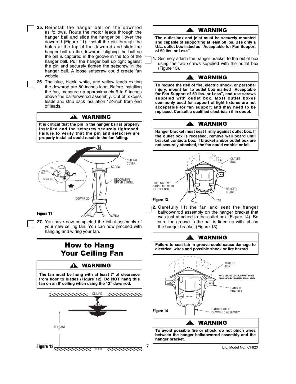 How to hang your ceiling fan, Warning | Emerson LA FAYETTE CF820ORB00 User Manual | Page 7 / 16