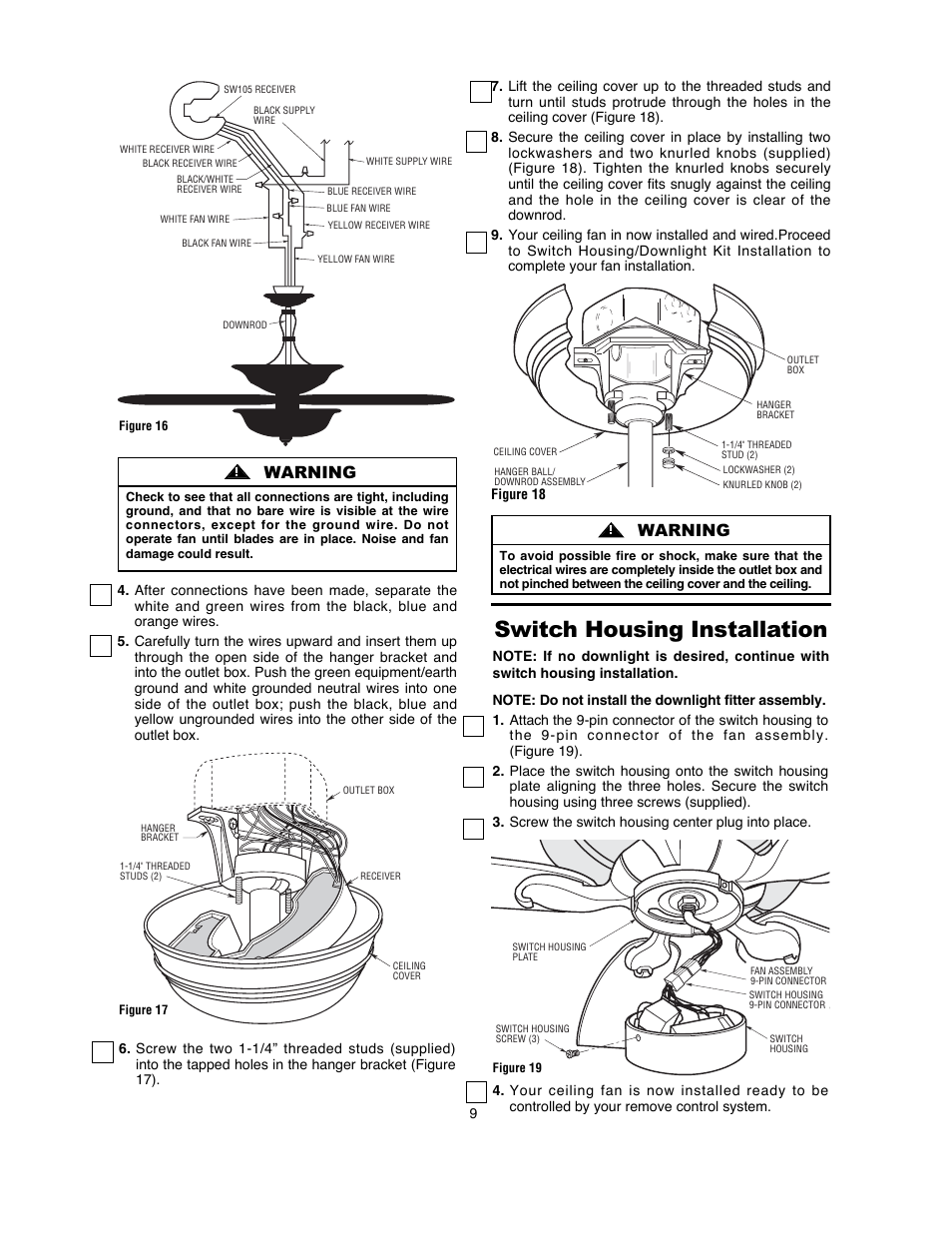 Switch housing installation, Warning | Emerson LA FAYETTE CF820ORB00 User Manual | Page 9 / 16