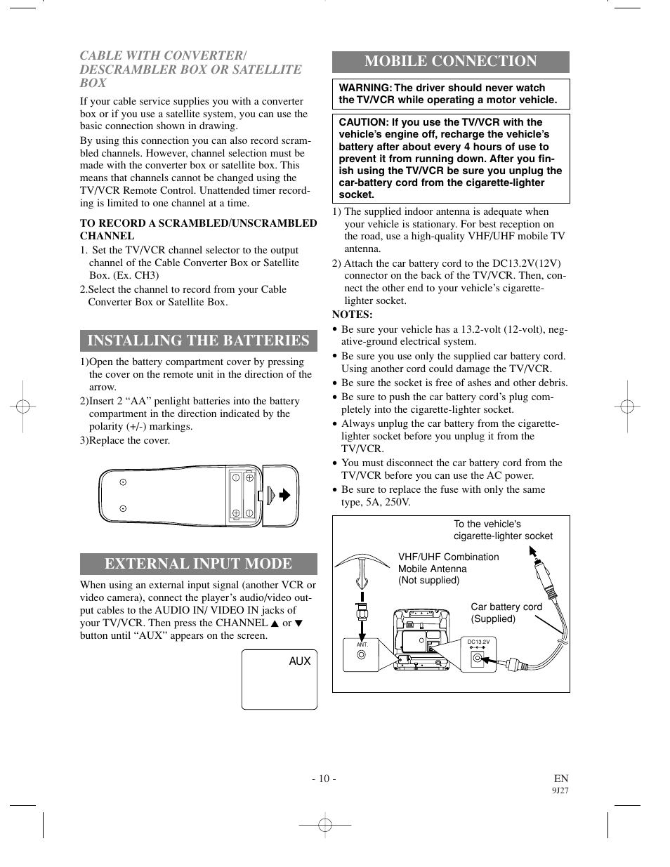 Installing the batteries, External input mode, Mobile connection | Emerson EWC0902 User Manual | Page 10 / 32