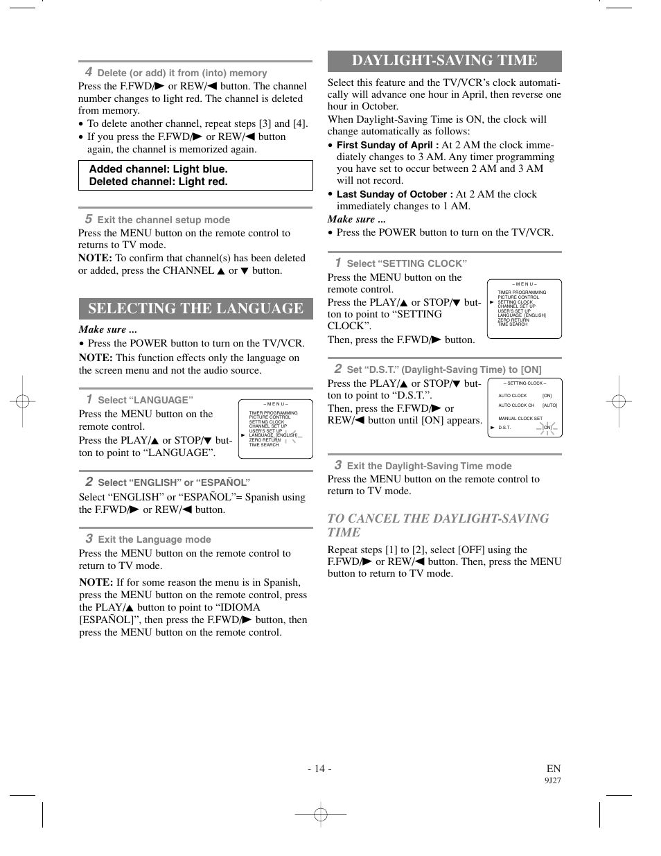 Selecting the language, Daylight-saving time | Emerson EWC0902 User Manual | Page 14 / 32