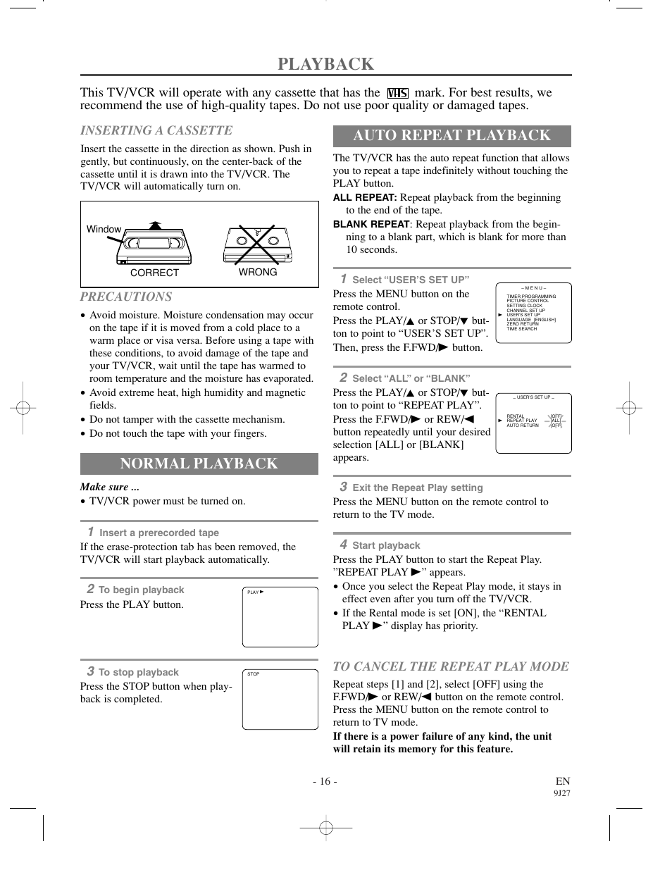 Playback, Normal playback, Auto repeat playback | Inserting a cassette | Emerson EWC0902 User Manual | Page 16 / 32