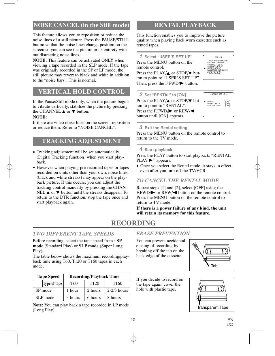 Recording, Two different tape speeds, Erase prevention | Emerson EWC0902 User Manual | Page 18 / 32