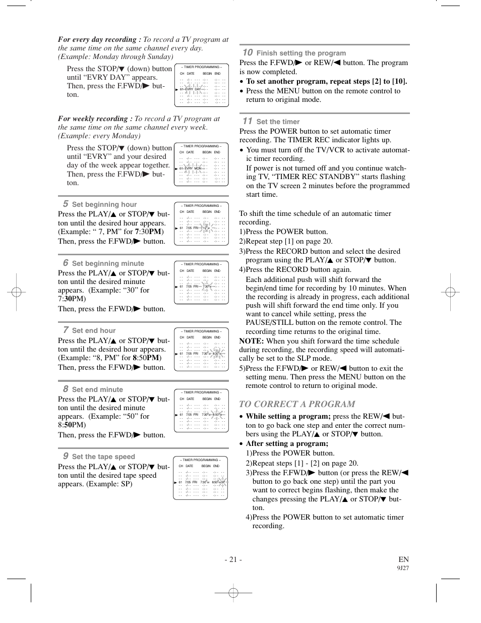 21 - en, Set beginning hour, Set beginning minute | Set end hour, Set end minute, Set the tape speed, Finish setting the program, Set the timer, 9j27 | Emerson EWC0902 User Manual | Page 21 / 32
