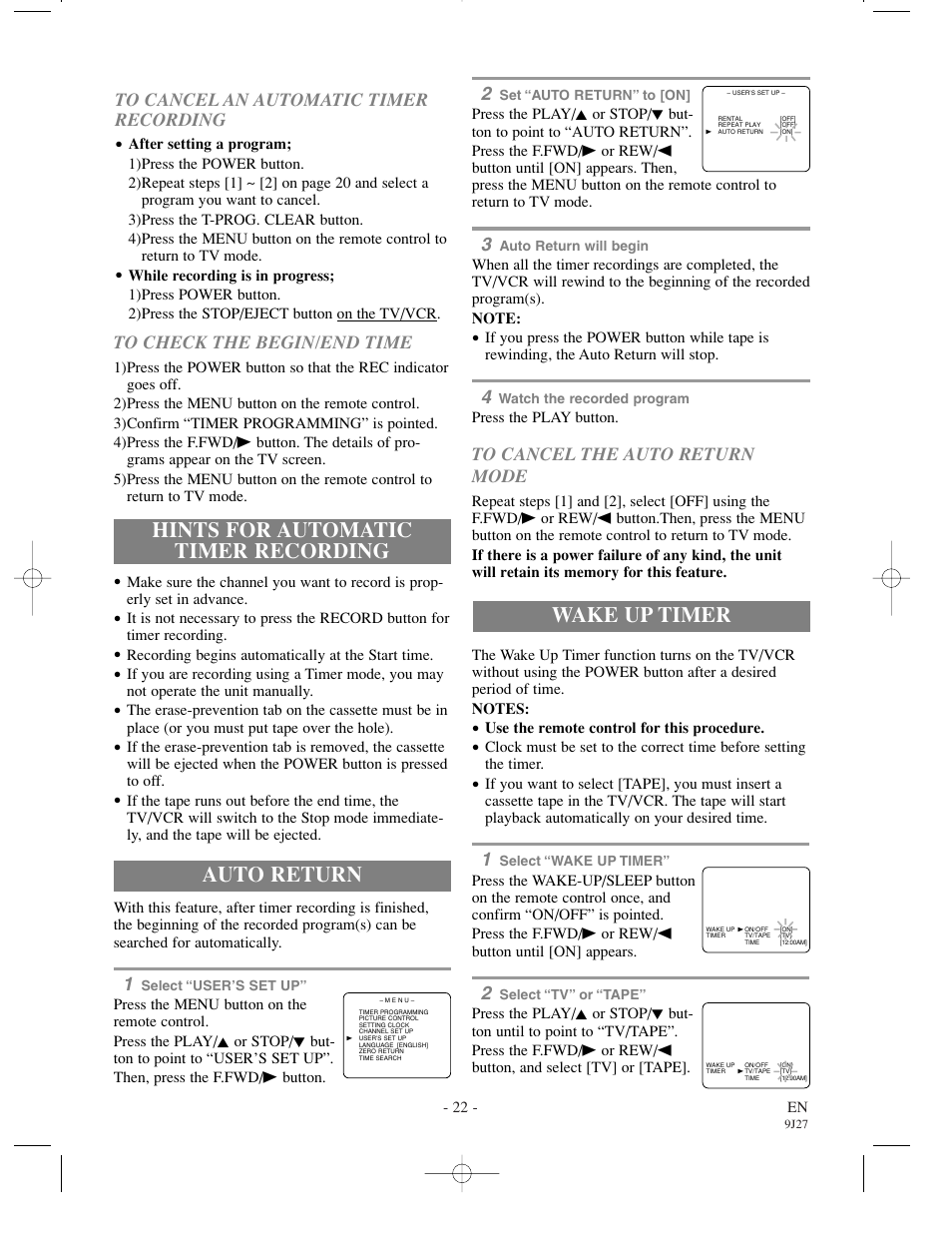 Hints for automatic timer recording, Auto return, Wake up timer | Emerson EWC0902 User Manual | Page 22 / 32