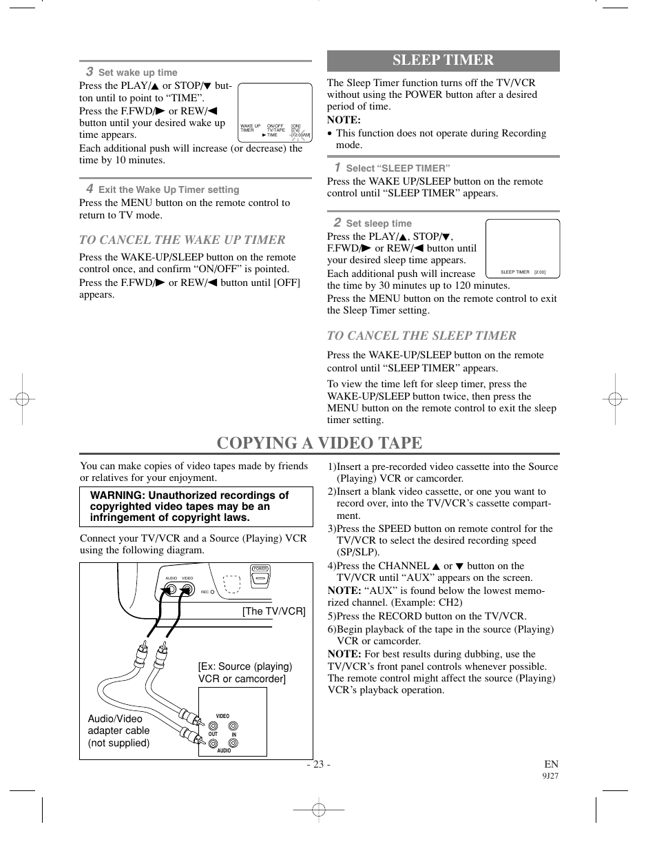 Copying a video tape, Sleep timer | Emerson EWC0902 User Manual | Page 23 / 32