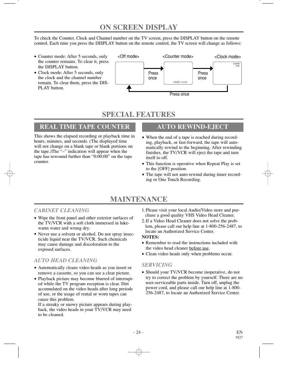 Maintenance, On screen display, Special features | Real time tape counter, Auto rewind-eject | Emerson EWC0902 User Manual | Page 24 / 32