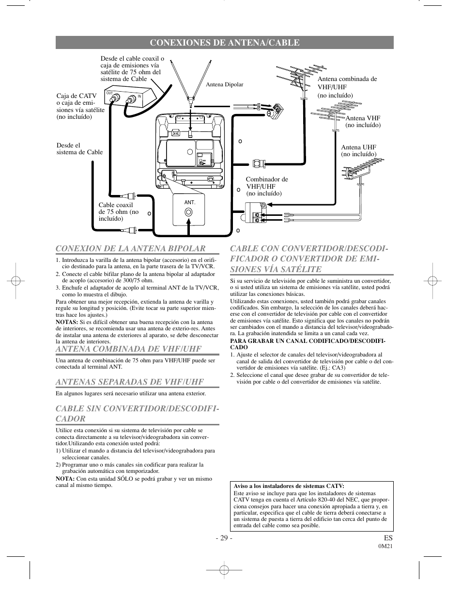 Conexiones de antena/cable, Conexion de la antena bipolar, Antena combinada de vhf/uhf | Antenas separadas de vhf/uhf, Cable sin convertidor/descodifi- cador | Emerson EWC0902 User Manual | Page 29 / 32