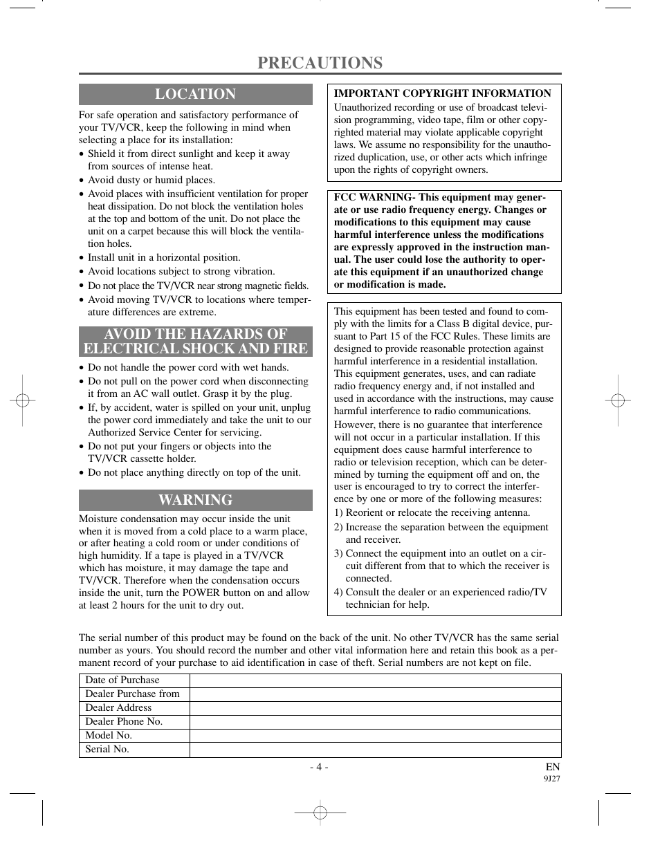 Precautions, Avoid the hazards of electrical shock and fire, Location | Warning | Emerson EWC0902 User Manual | Page 4 / 32