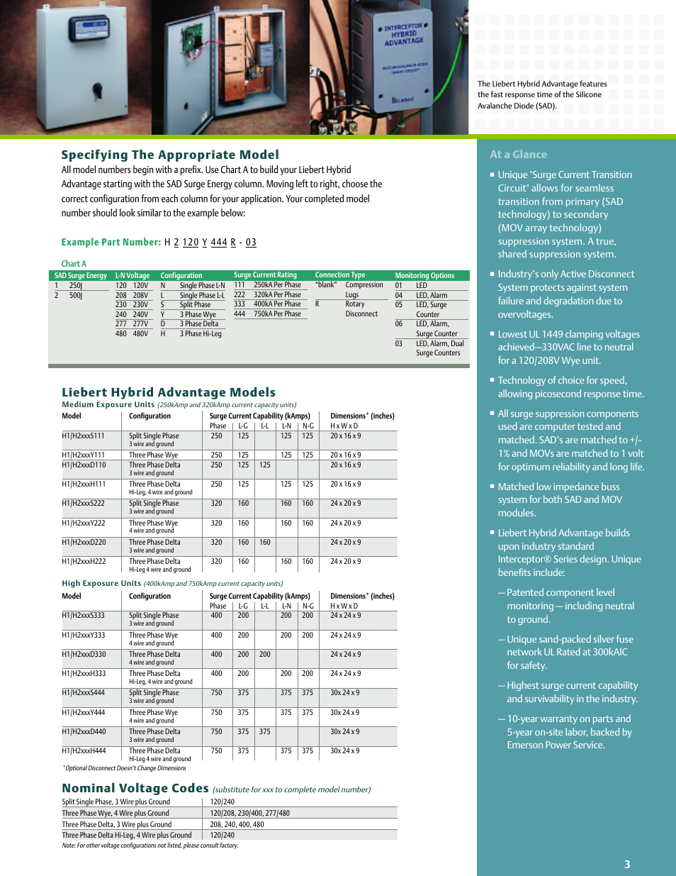 Liebert hybrid advantage models, Nominal voltage codes, Specif ying the appropriate model | At a glance | Emerson Liebert Surge and Signal Protection User Manual | Page 3 / 4