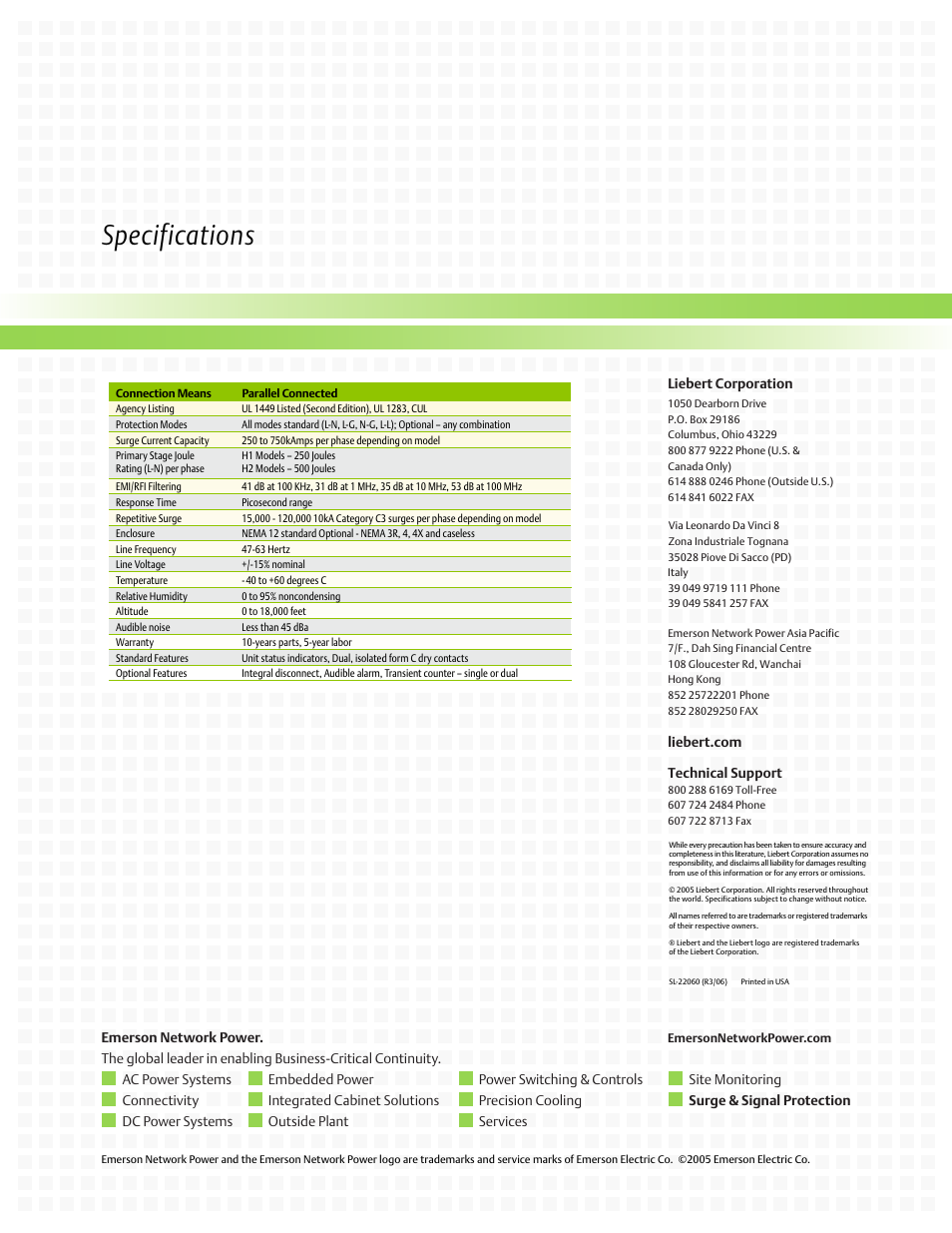 Specifications | Emerson Liebert Surge and Signal Protection User Manual | Page 4 / 4