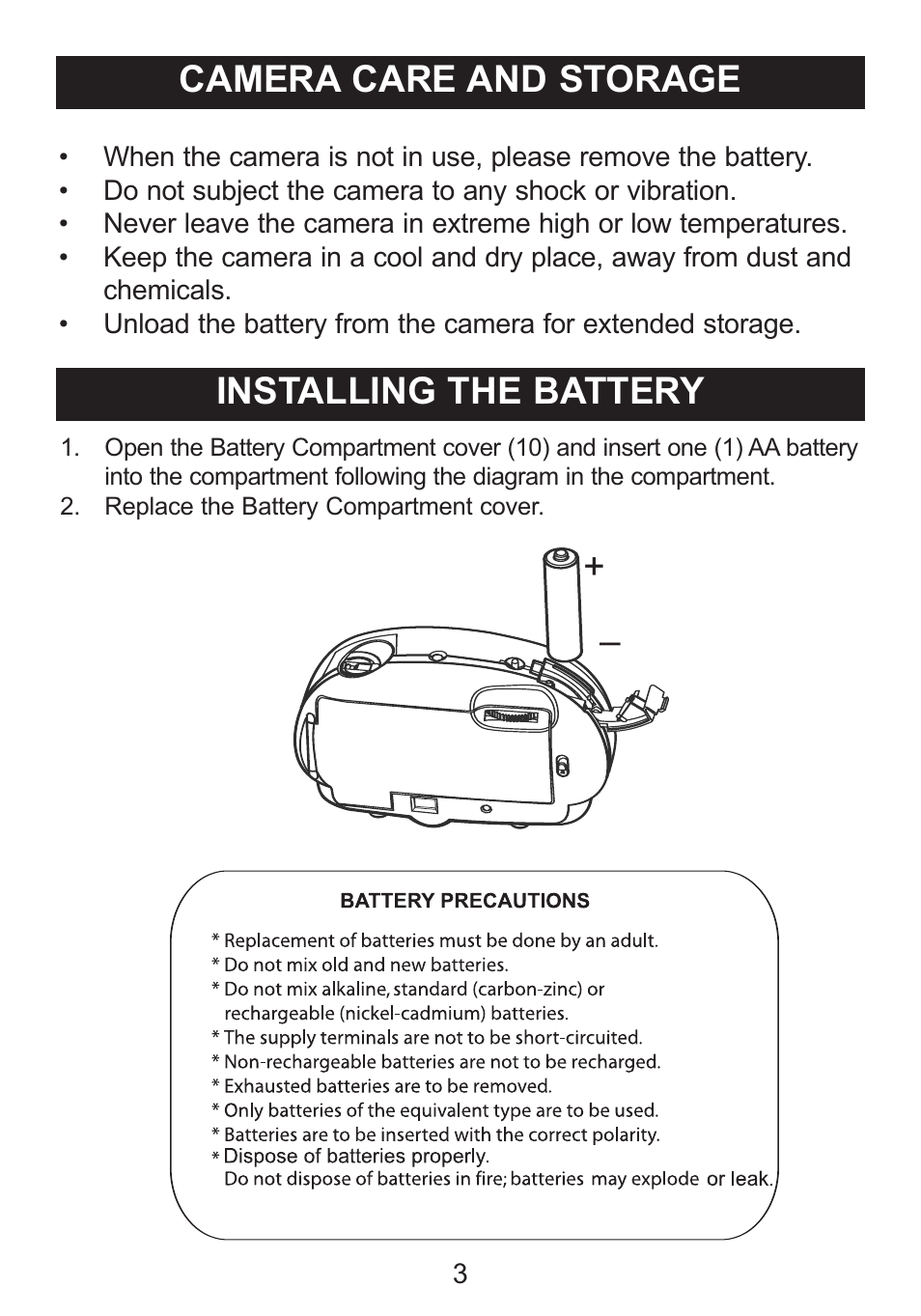 Installing the battery, Camera care and storage | Emerson Radio DTE622 User Manual | Page 4 / 9