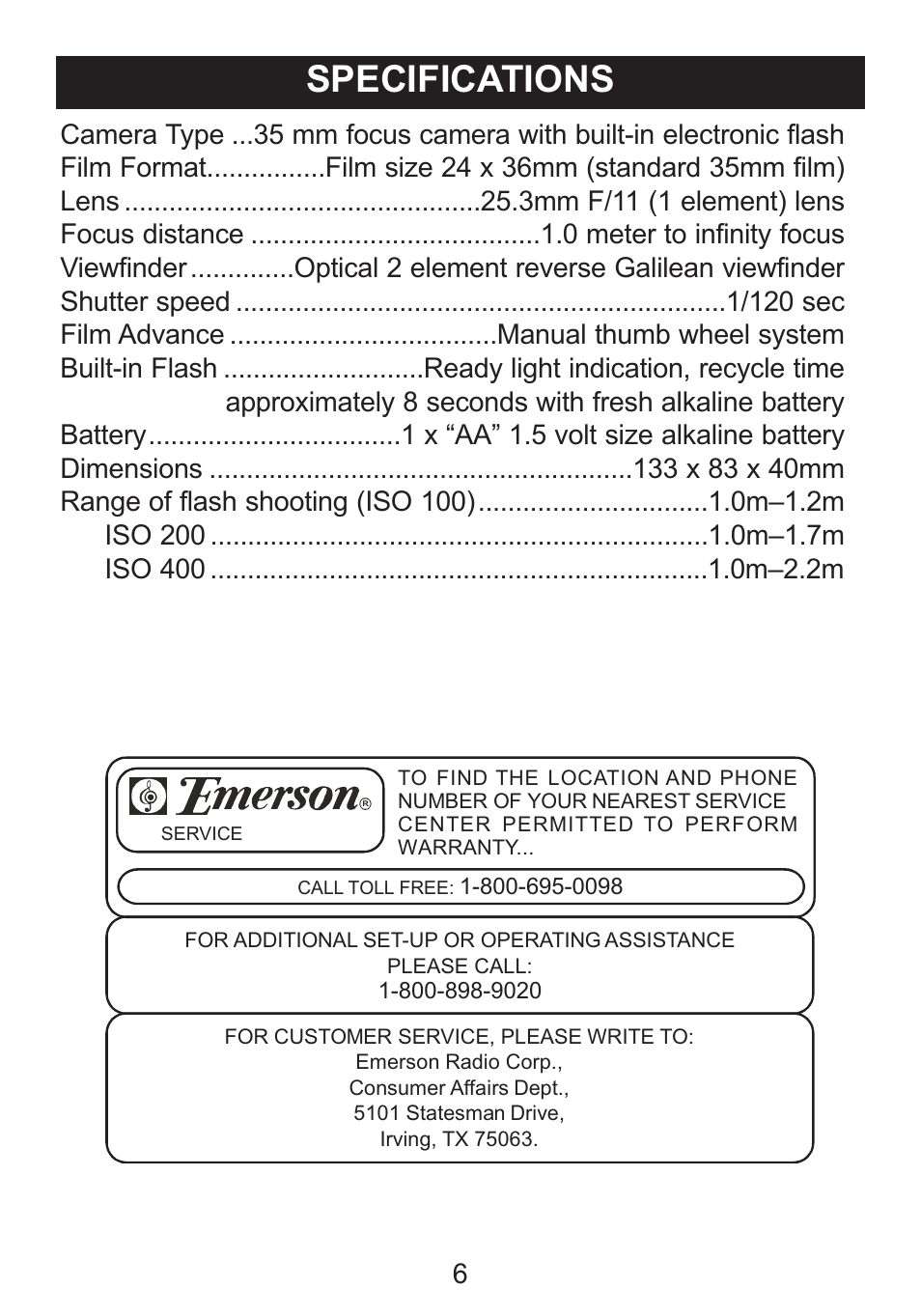 Specifications | Emerson Radio DTE622 User Manual | Page 7 / 9