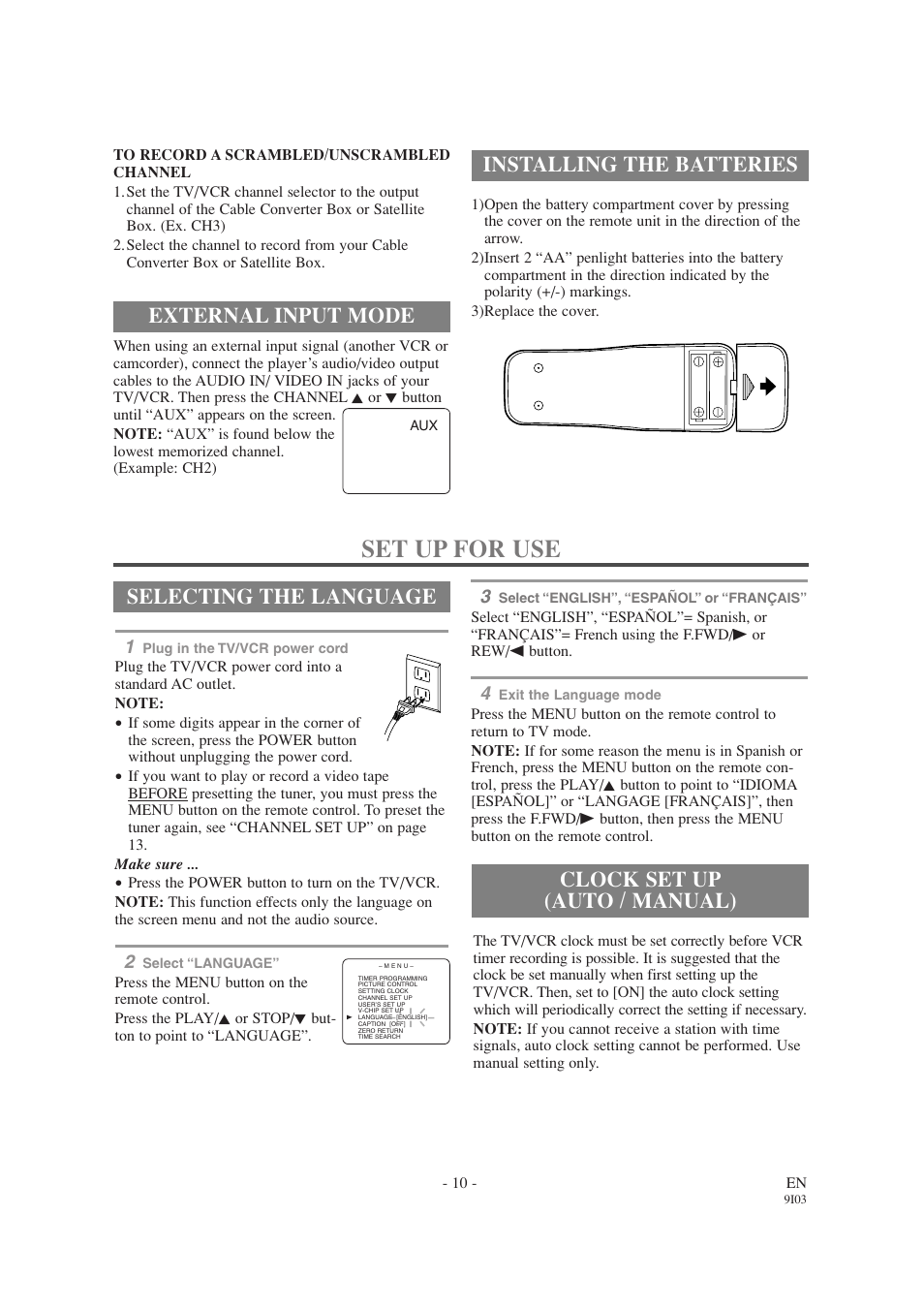 Set up for use, Installing the batteries, Selecting the language | External input mode, Clock set up (auto / manual) | Emerson EWC1303A User Manual | Page 10 / 32