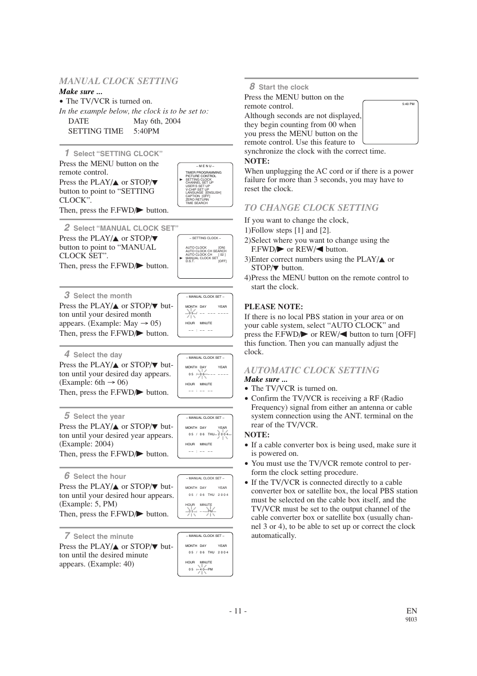 Manual clock setting, Automatic clock setting, 11 - en | Make sure, The tv/vcr is turned on | Emerson EWC1303A User Manual | Page 11 / 32