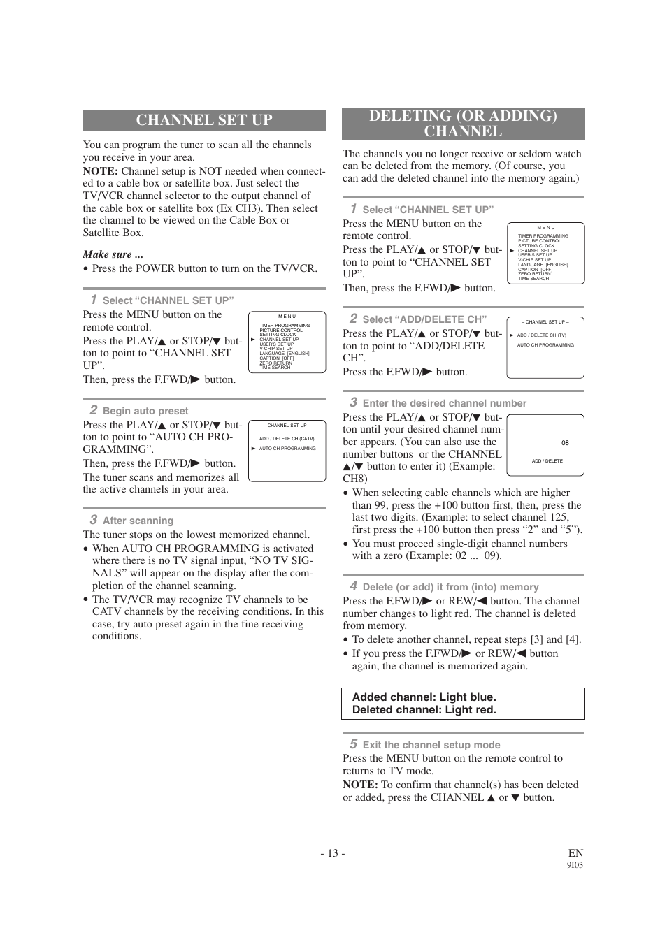 Deleting (or adding) channel, Channel set up | Emerson EWC1303A User Manual | Page 13 / 32