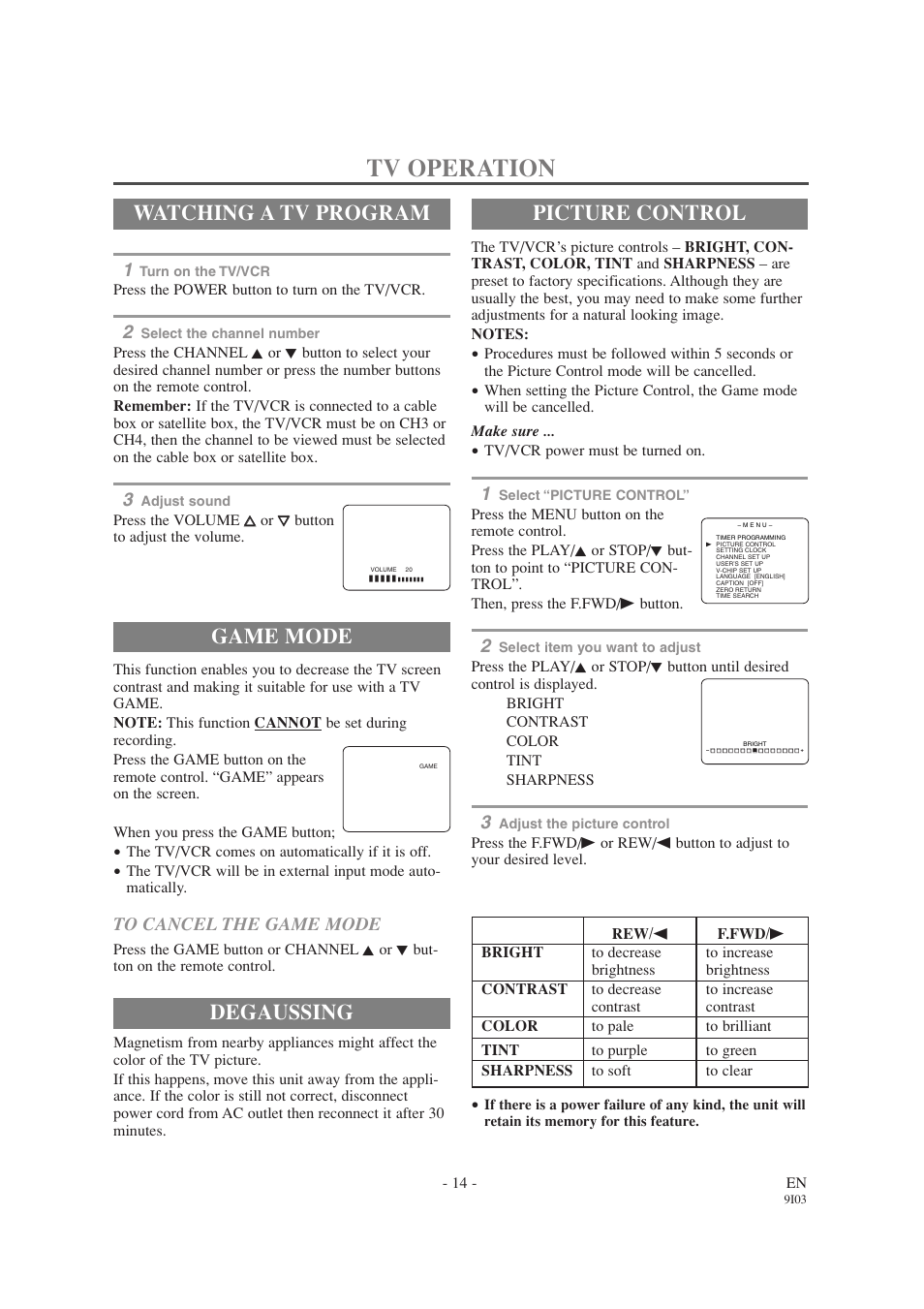 Tv operation, Watching a tv program, Game mode | Picture control, Degaussing | Emerson EWC1303A User Manual | Page 14 / 32