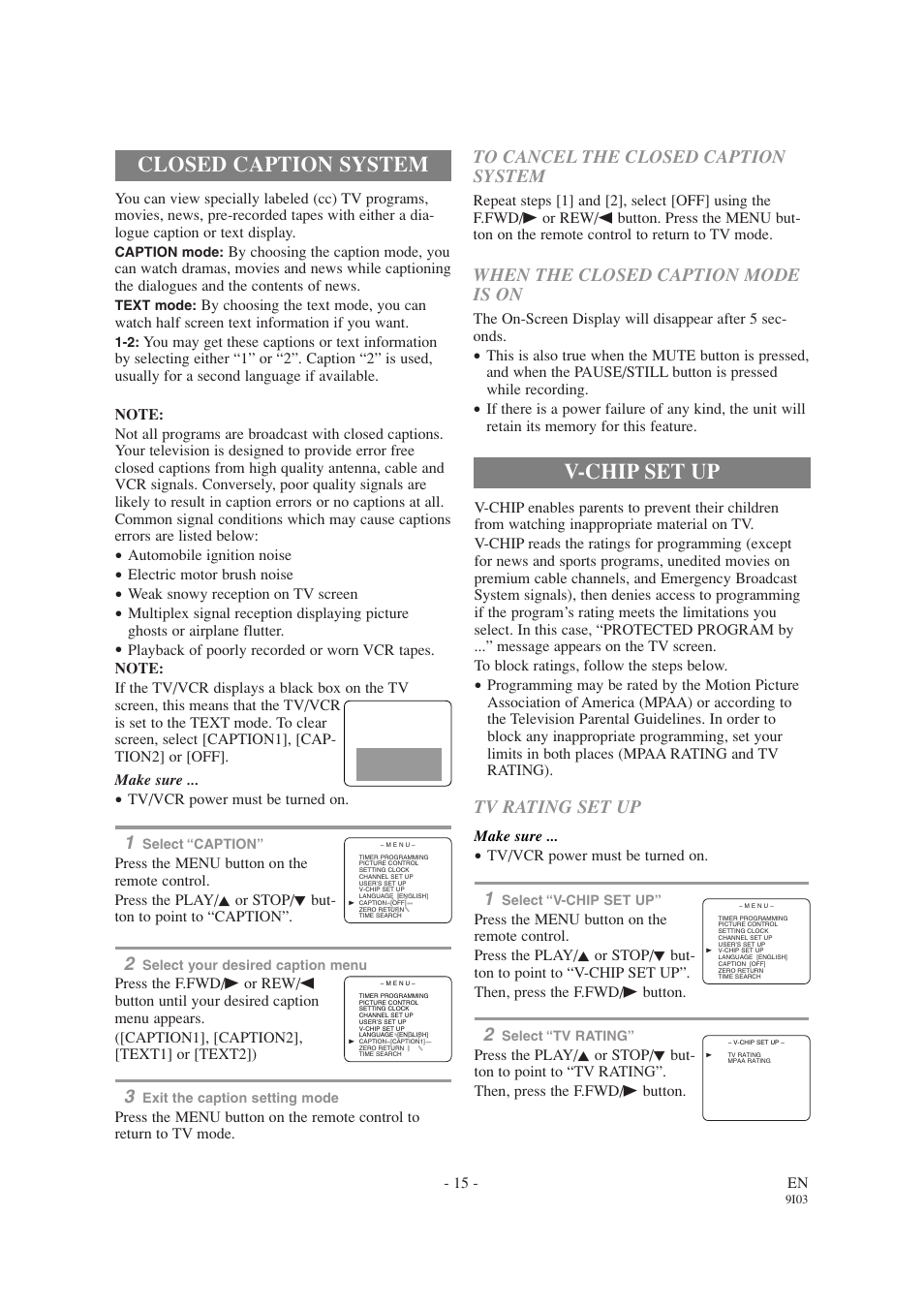Closed caption system, V-chip set up, When the closed caption mode is on | Tv rating set up | Emerson EWC1303A User Manual | Page 15 / 32