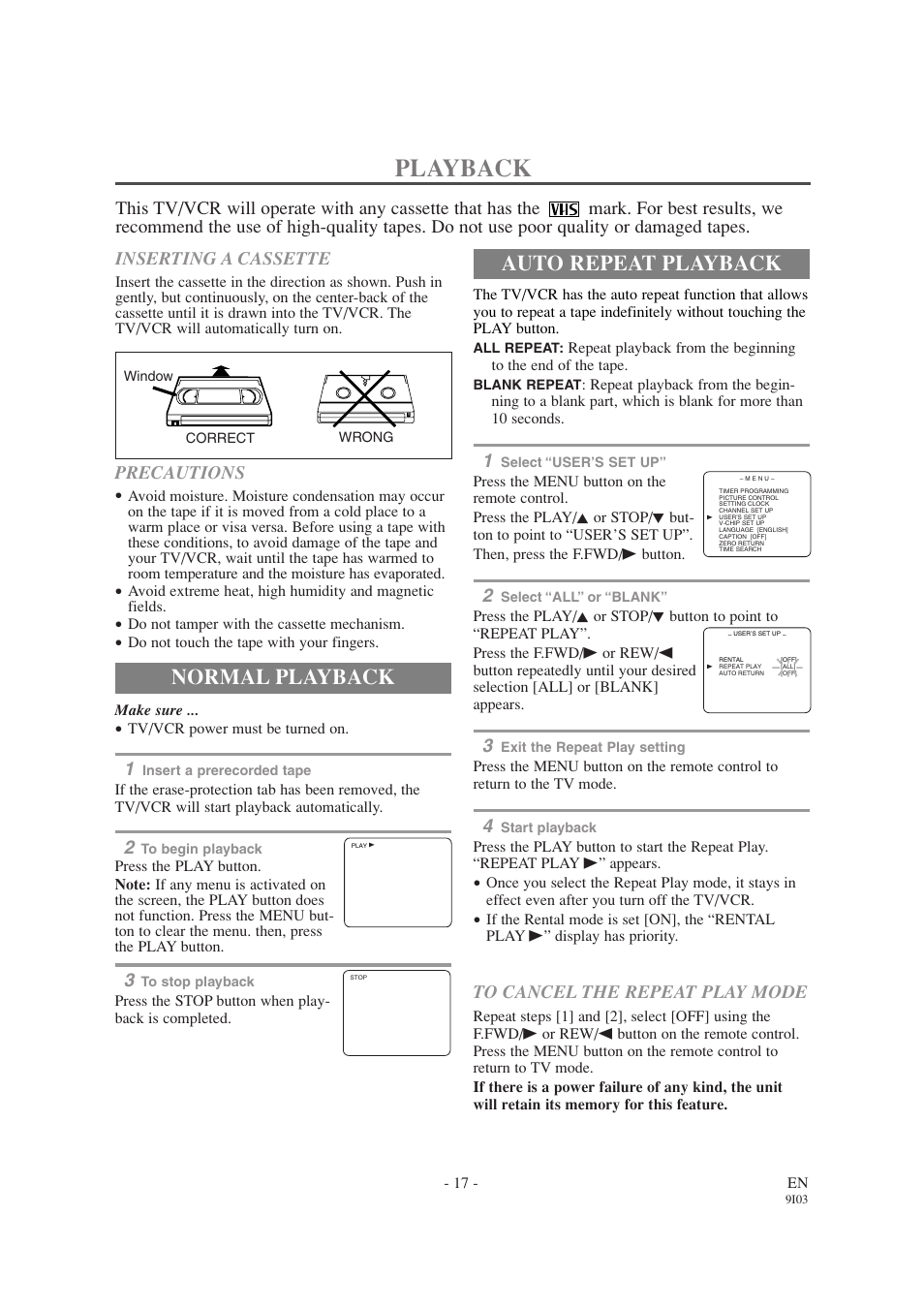Playback, Auto repeat playback, Normal playback | Inserting a cassette, Precautions | Emerson EWC1303A User Manual | Page 17 / 32