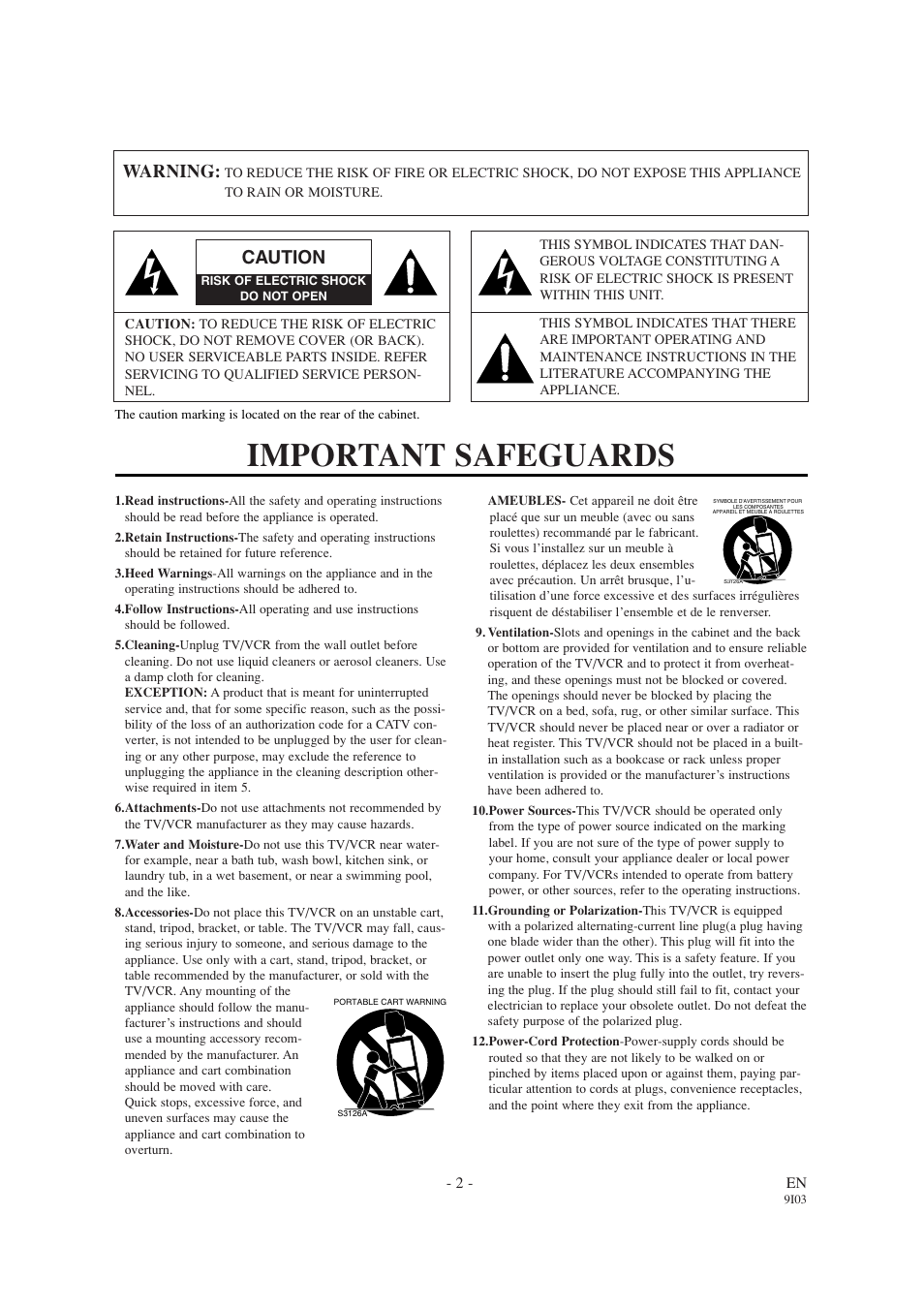 Important safeguards, Warning, Caution | Emerson EWC1303A User Manual | Page 2 / 32