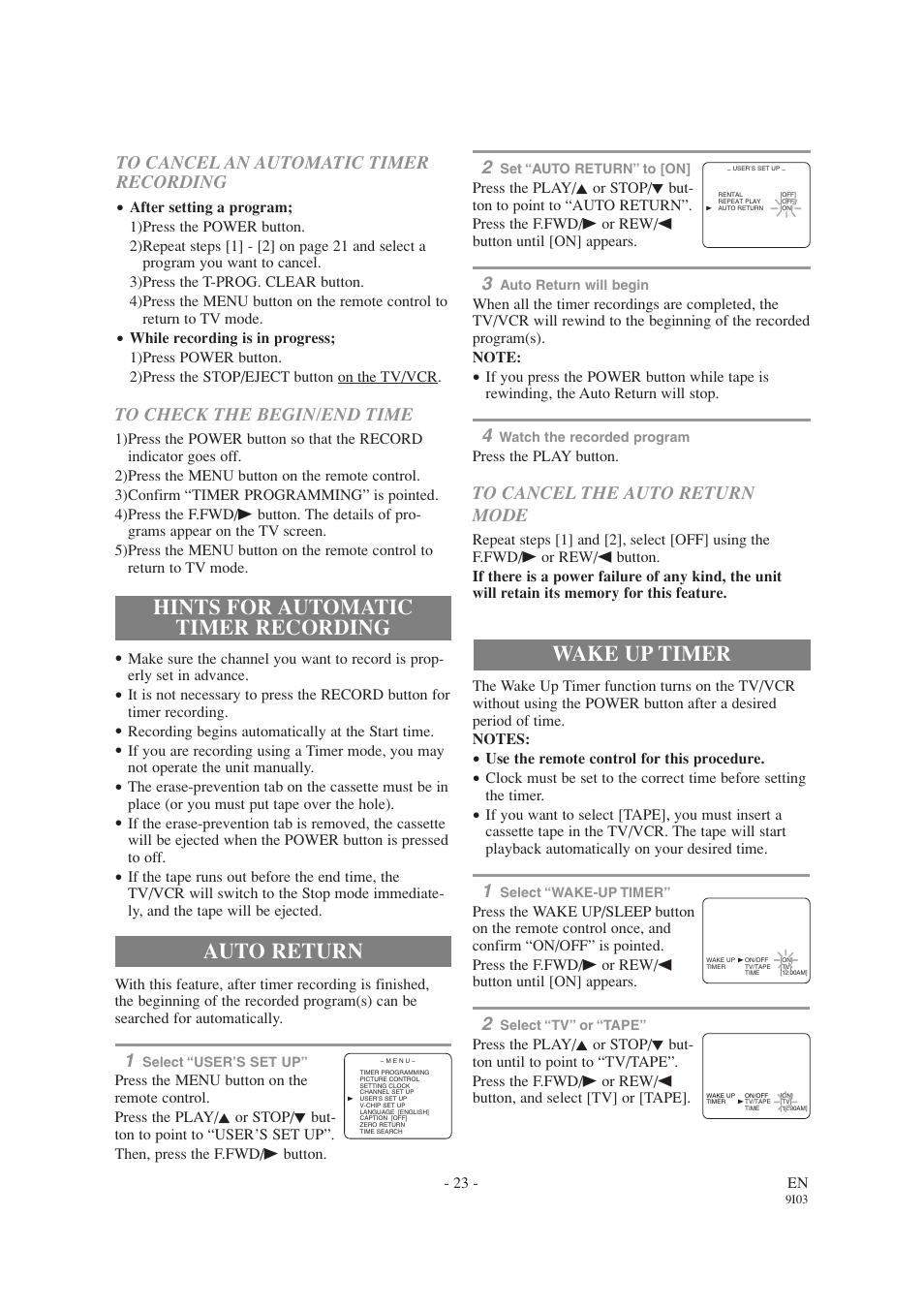 Hints for automatic timer recording, Auto return, Wake up timer | Emerson EWC1303A User Manual | Page 23 / 32