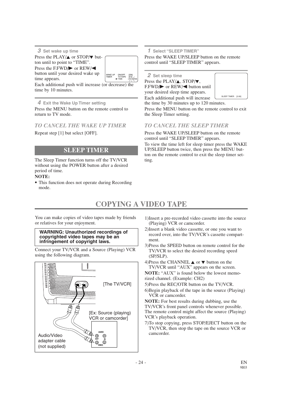 Copying a video tape, Sleep timer | Emerson EWC1303A User Manual | Page 24 / 32