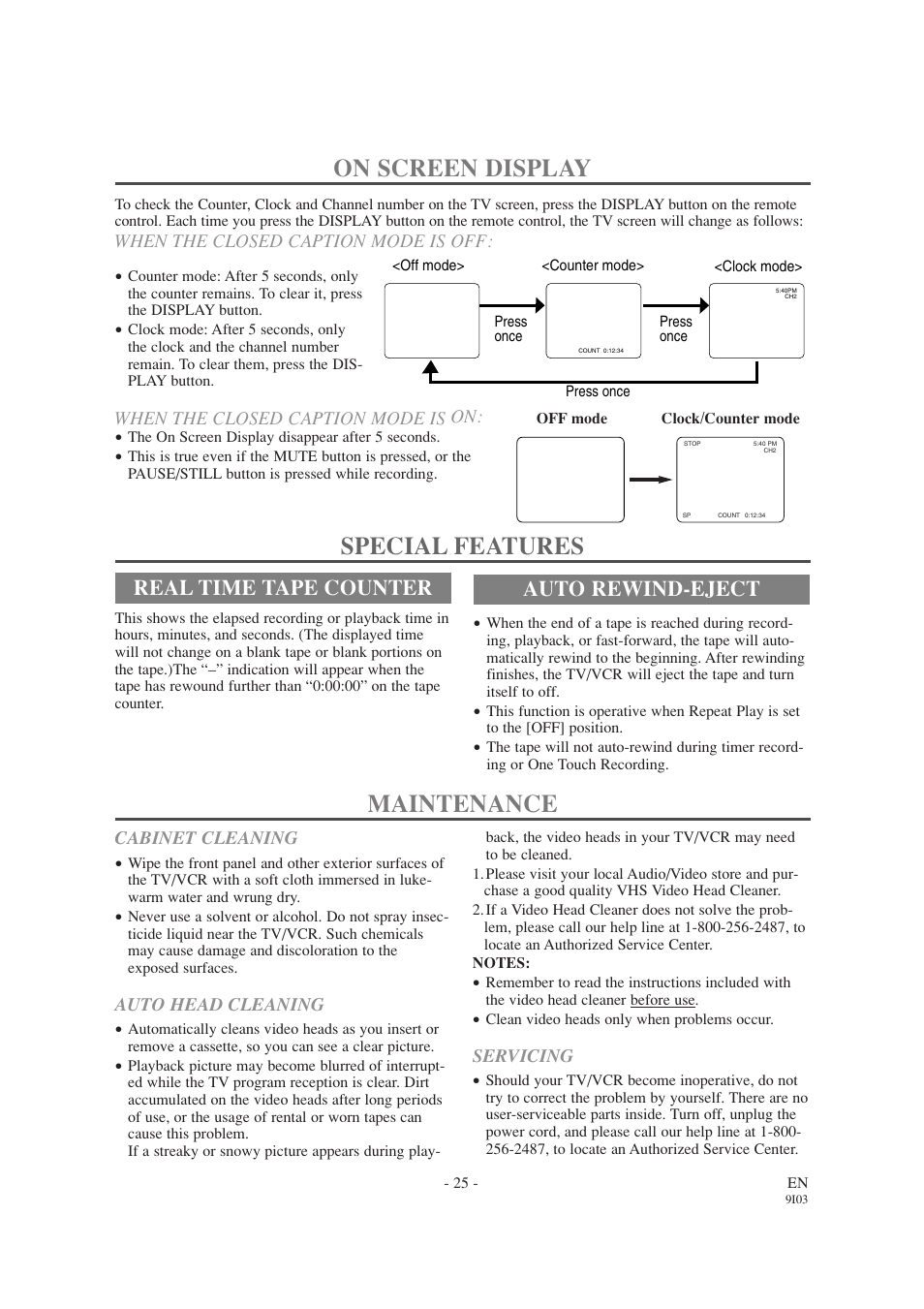 Maintenance, On screen display, Special features | Real time tape counter, Auto rewind-eject | Emerson EWC1303A User Manual | Page 25 / 32