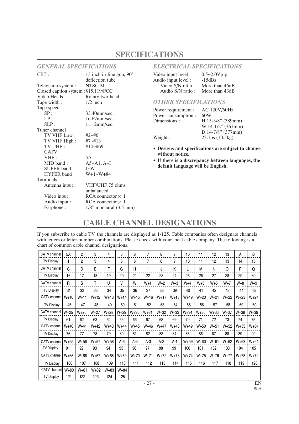 Specifications, Cable channel designations, General specifications | Electrical specifications, Other specifications | Emerson EWC1303A User Manual | Page 27 / 32