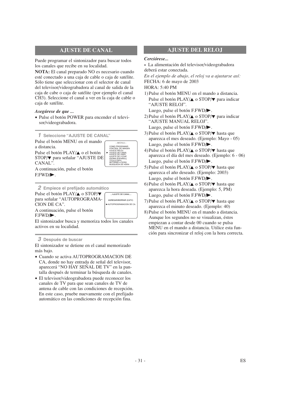 Ajuste del reloj ajuste de canal | Emerson EWC1303A User Manual | Page 31 / 32