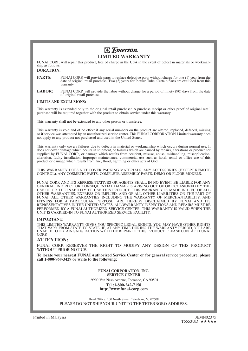 Limited warranty, Attention | Emerson EWC1303A User Manual | Page 32 / 32