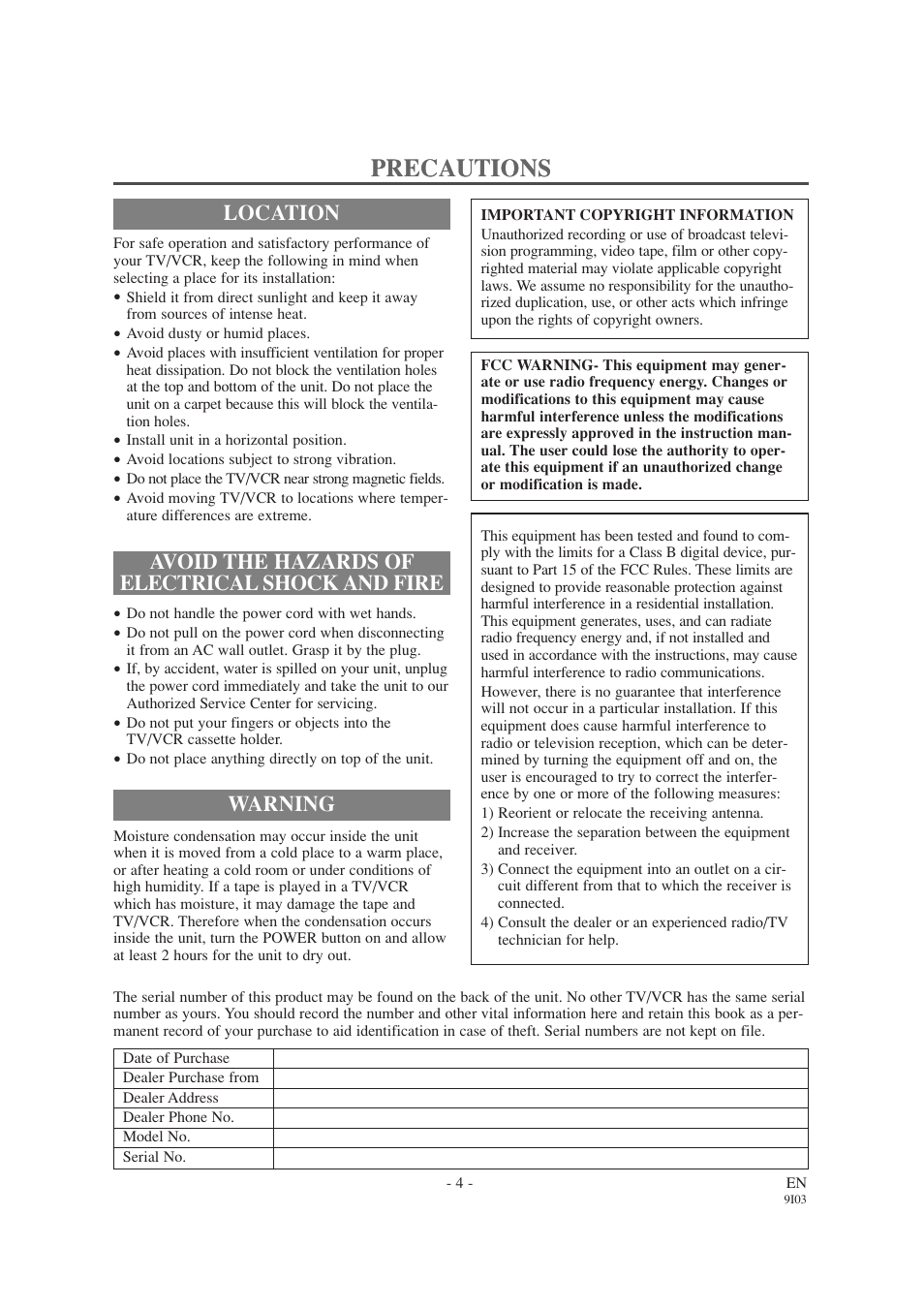Precautions, Avoid the hazards of electrical shock and fire, Location | Warning | Emerson EWC1303A User Manual | Page 4 / 32